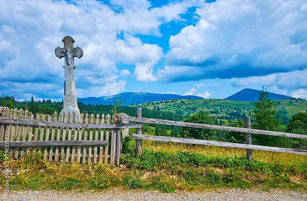 Poster The chapel with Cross by the village road, Yablunytsya, Carpathians, Ukraine