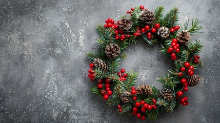 Christmas wreath pine cones red berries gray background