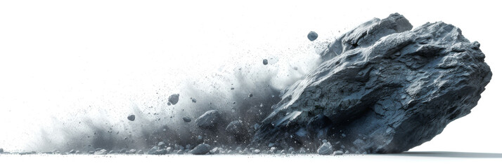 Mountain rockfall. Destruction of stones by fragments and dust. Falling fragments of stone. Fallen asteroid isolated on white background