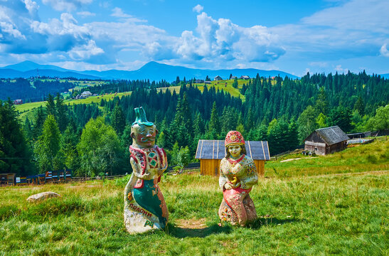 The folk style sculptures in Mountain Valley Peppers, on July 24 in Yablunytsya, Ukraine