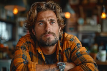 A deeply thoughtful young man with a beard, wearing a plaid shirt, in a casual indoor setting with soft lighting