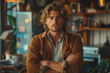 Fototapeta premium A handsome man confidently poses with his arms crossed, surrounded by a creative workspace environment