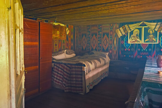 The bedroom in vintage Hutsul house, Mountain Valley Peppers, on July 24 in Yablunytsya, Ukraine