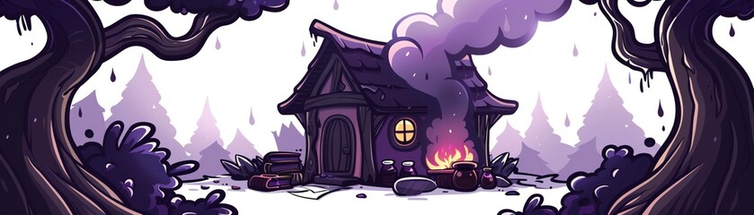 secret witchs cabin in the woods, potions brewing and magic books, fantasy style, secretive and mystical, on a stormy night