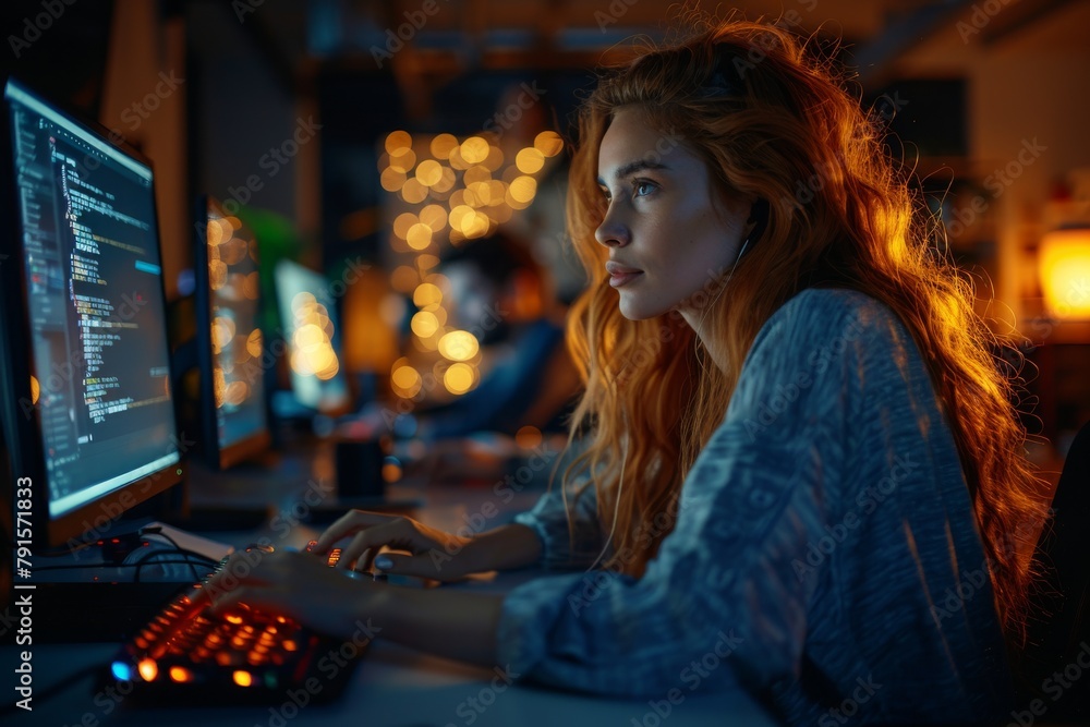 Poster a focused female coder works on her computer in a dark room illuminated by the screen and colorful b