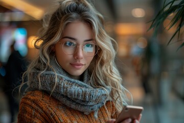 Fashionable young woman with glasses and blonde hair texting on her smartphone in a modern setting