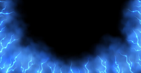 Blue smoke with lightnings abstract background, thunderbolts and vapor, lightning in blue fog. Neon haze with energy charges. Vector illustration.