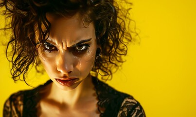 Fototapeta premium Disgruntled brunette girl on yellow background generated by AI
