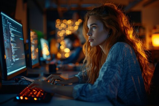 A focused female coder works on her computer in a dark room illuminated by the screen and colorful backlight