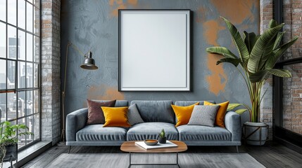 Living room with gray couch and big frame