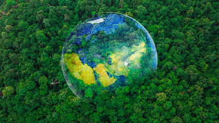 Aerial view of the green forest against the land. Demonstrates the concept of preserving the ecosystem and nature, air pollution and saving the planet.	