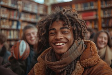 A vibrant close-up of a smiling young man with a basketball, surrounded by friends in a library