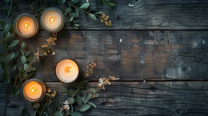 Candles with green leaves and flowers on a wooden table