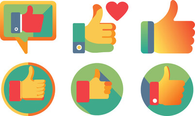 Set of flat positive symbol, thumbs up icon, vector illustration.