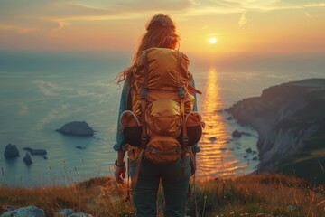 A solitary traveler with a backpack stands admiring a coastal sunset, embodying wanderlust