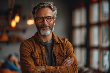 Fototapeta premium Relaxed and smart creative man with glasses smiles gently while standing arms crossed in a vibrant studio setting