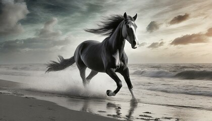 a beautiful full length horse running on the beach at dawn