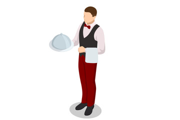 Isometric Waitress in uniform delivering tray with food in a room of hotel. Enjoy the Holiday and Vacation. Room service.
