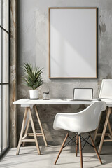 Tranquil office environment with contemporary design and a blank white frame, setting the stage for creativity.