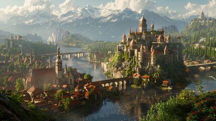 Medieval fantasy city built over hills view of the river