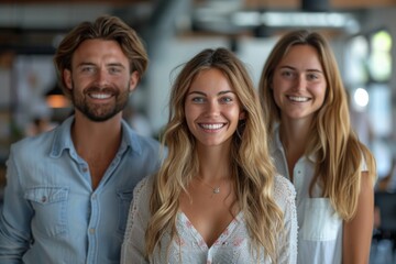 Professional lifestyle comes alive in this image with three colleagues smiling while the middle woman is the focus of this warm portrait - Powered by Adobe