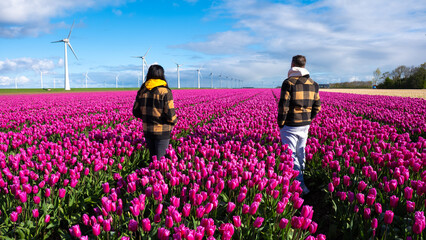 Two people standing gracefully in a vibrant field of purple tulips, surrounded by the beauty of a Dutch spring
