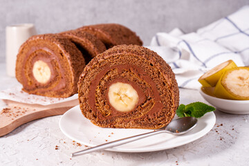 Banana Chocolate Swiss Roll Cake, Sponge Roll with Chocolate Filling
