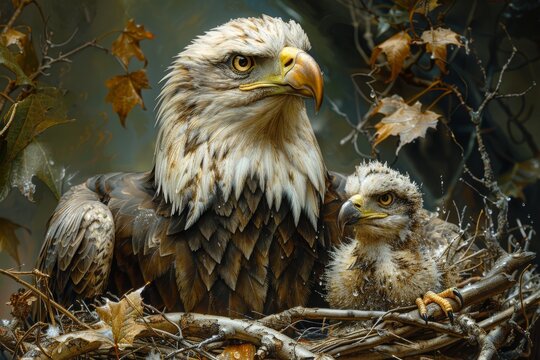 Majestic Bald Eagle Nest with Newborn Eaglet Generative AI