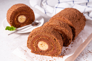 Banana Chocolate Swiss Roll Cake, Sponge Roll with Chocolate Filling
