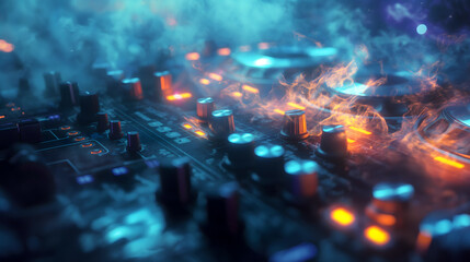 An electrifying scene at the DJ console, ablaze with neon lights and ethereal smoke. 