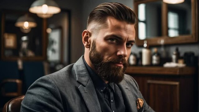 Brutal man with a beard in a barbershop modern