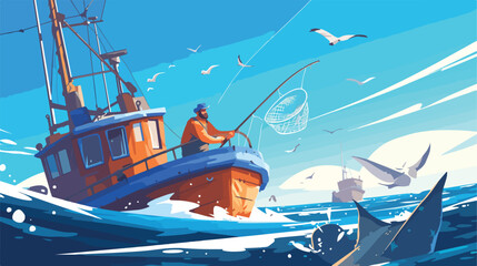 Fisher people in fishing vessel boat vector illustr