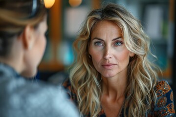 Attentive blonde woman engaged in a casual conversation with a friend, wearing a printed blouse