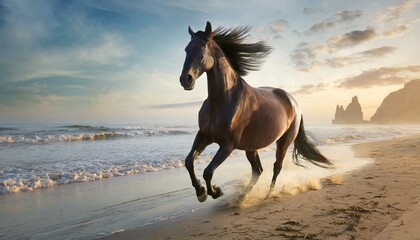 a beautiful full length horse running on the beach at dawn