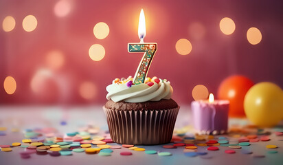 Birthday cupcake with lit birthday candle Number seven for seven years or seventh anniversary