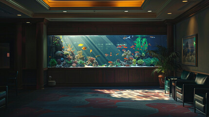 The soft glow of a colorful aquarium casting shadows in an otherwise dark, elegant room with clean, modern lines.