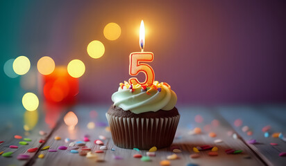 Birthday cupcake with lit birthday candle. Number five for five years or fifth anniversary.
