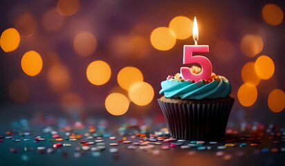 Birthday cupcake with lit birthday candle. Number five for five years or fifth anniversary.