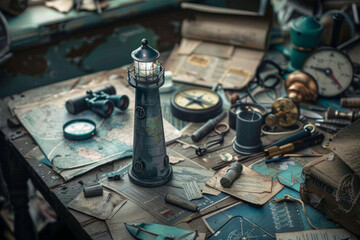 Obraz na płótnie Canvas A cluttered workspace, a single sturdy lighthouse figurine stands tall and unwavering on a weathered wooden desk. Its beacon, a miniature LED light, casts a steady glow across the chaotic scene