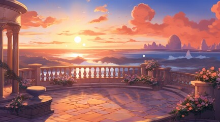  Enchanted sky garden terrace under a golden sunset, serene and tranquil - obrazy, fototapety, plakaty