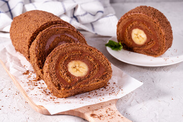 Banana Chocolate Swiss Roll Cake, Sponge Roll with Chocolate Filling