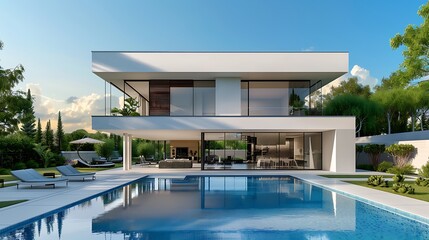 Exterior Of Luxurious Modern Villa With Swimming Pool And Garden