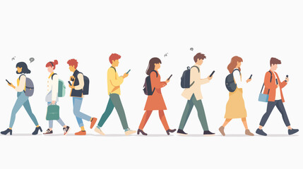 Crowd of people walking using smartphones or mobile p