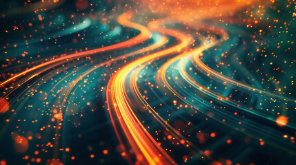 Luminous neon shape wave, abstract light effect  illustration. Wavy glowing bright flowing curve lines, magic glow energy stream motion with particle