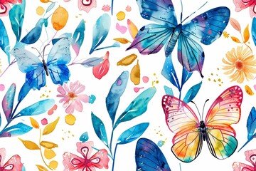 Seamless pattern of watercolor butterflies and dragonflies.