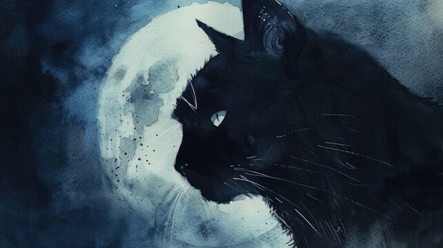 embrace of a mystical night, a black cat's silhouette merges with the dark, highlighted by the luminous backdrop of a full moon