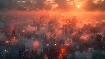 futuristic cityscape in fog  