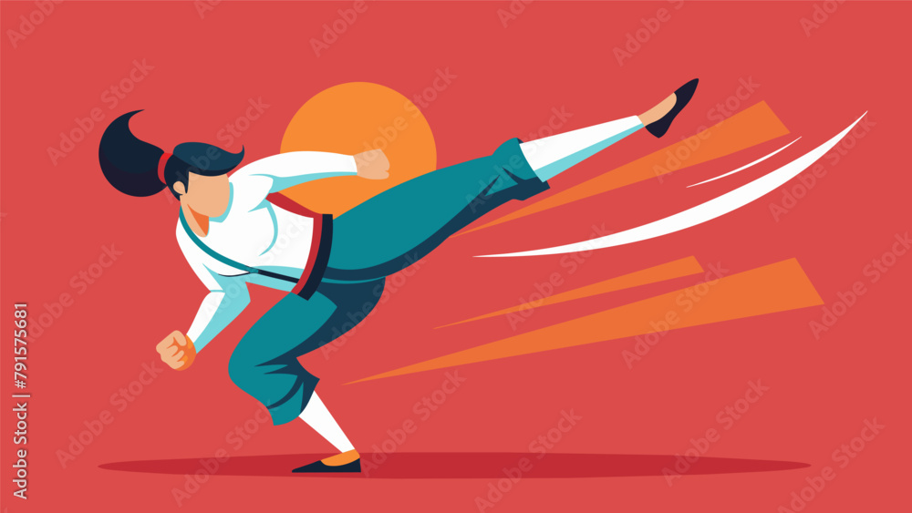 Poster the controlled yet forceful motion of a spinning hook kick highlighting the complexity and skill inv