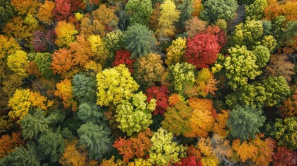 Fall foliage of trees displays yellow green and red hues when viewed from above the treetops