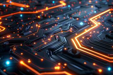 A futuristic circuit board pattern with glowing lines. - obrazy, fototapety, plakaty